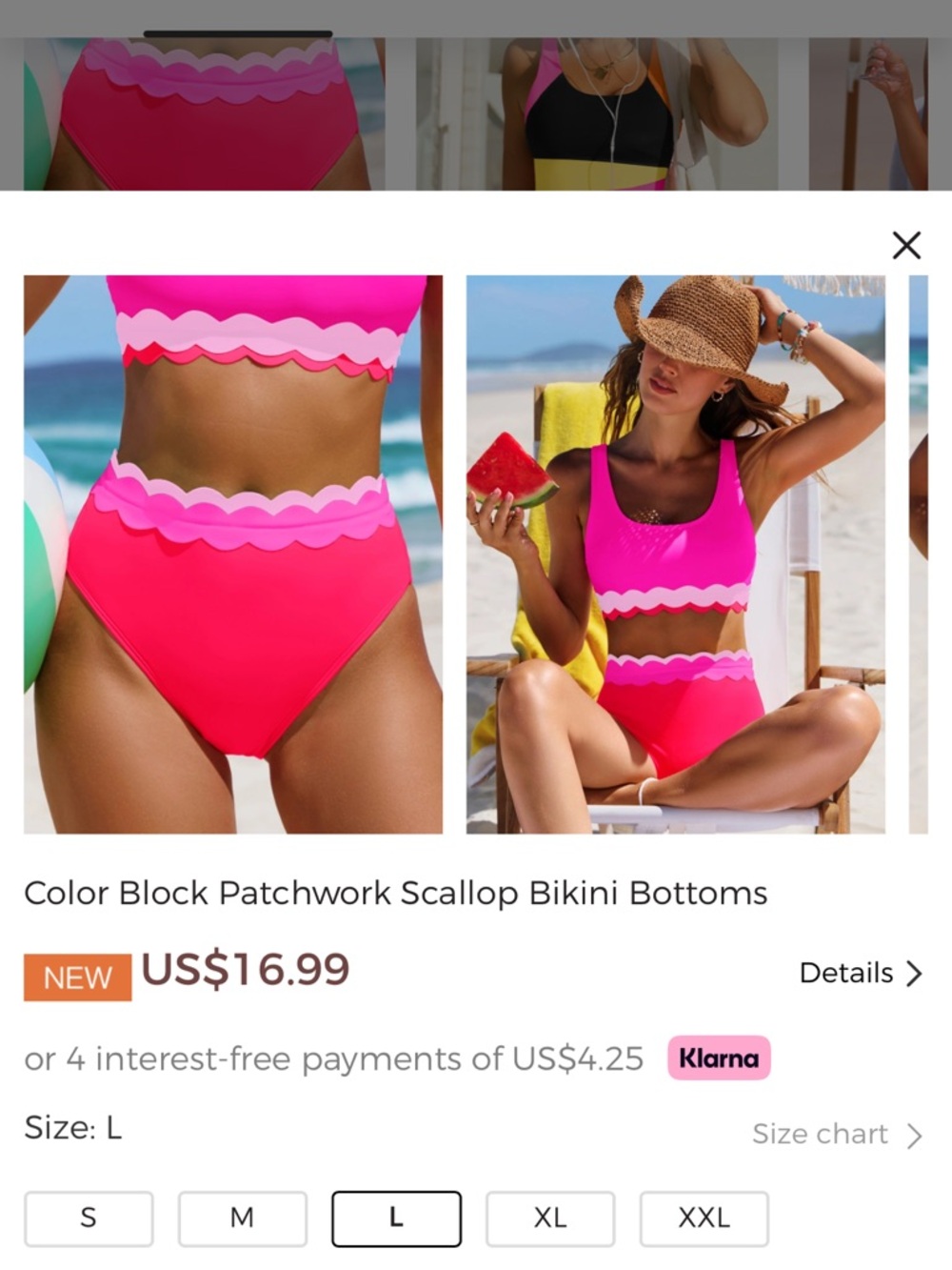 Popvil Scalloped High-Waist Two-Piece Bikini in Hot Pink & Coral size L - Picture 8 of 8